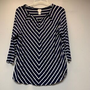 Chico's Striped Top Womens 1 M Navy Blue Excellent Chevron Cutout V-Neck Raglan